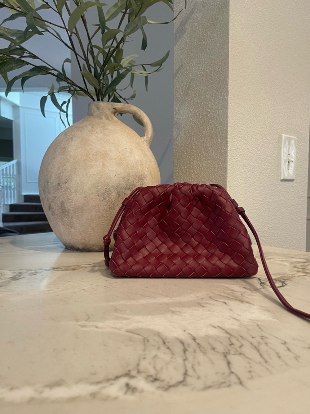 Woven Burgundy Crossbody Pouch Bag